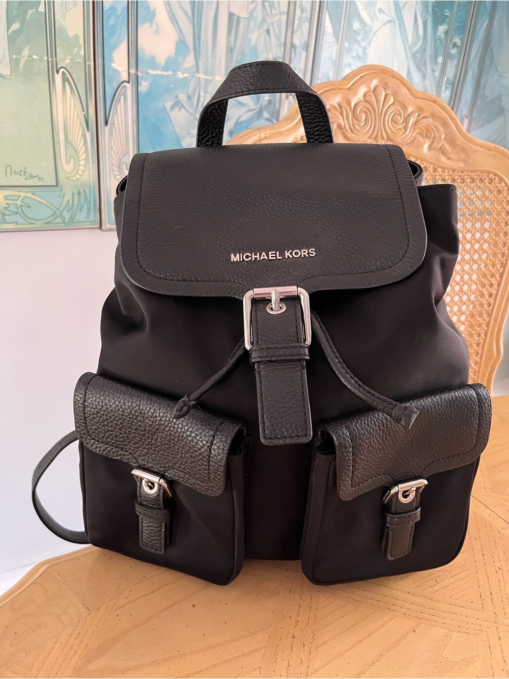Michael Kors Black Nylon & Leather Buckle Backpack